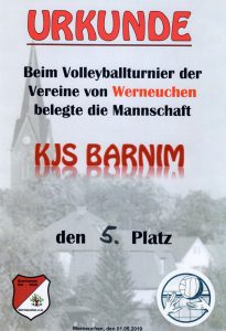 Urkunde Platz 5 beim Volleyballturnier der Vereine